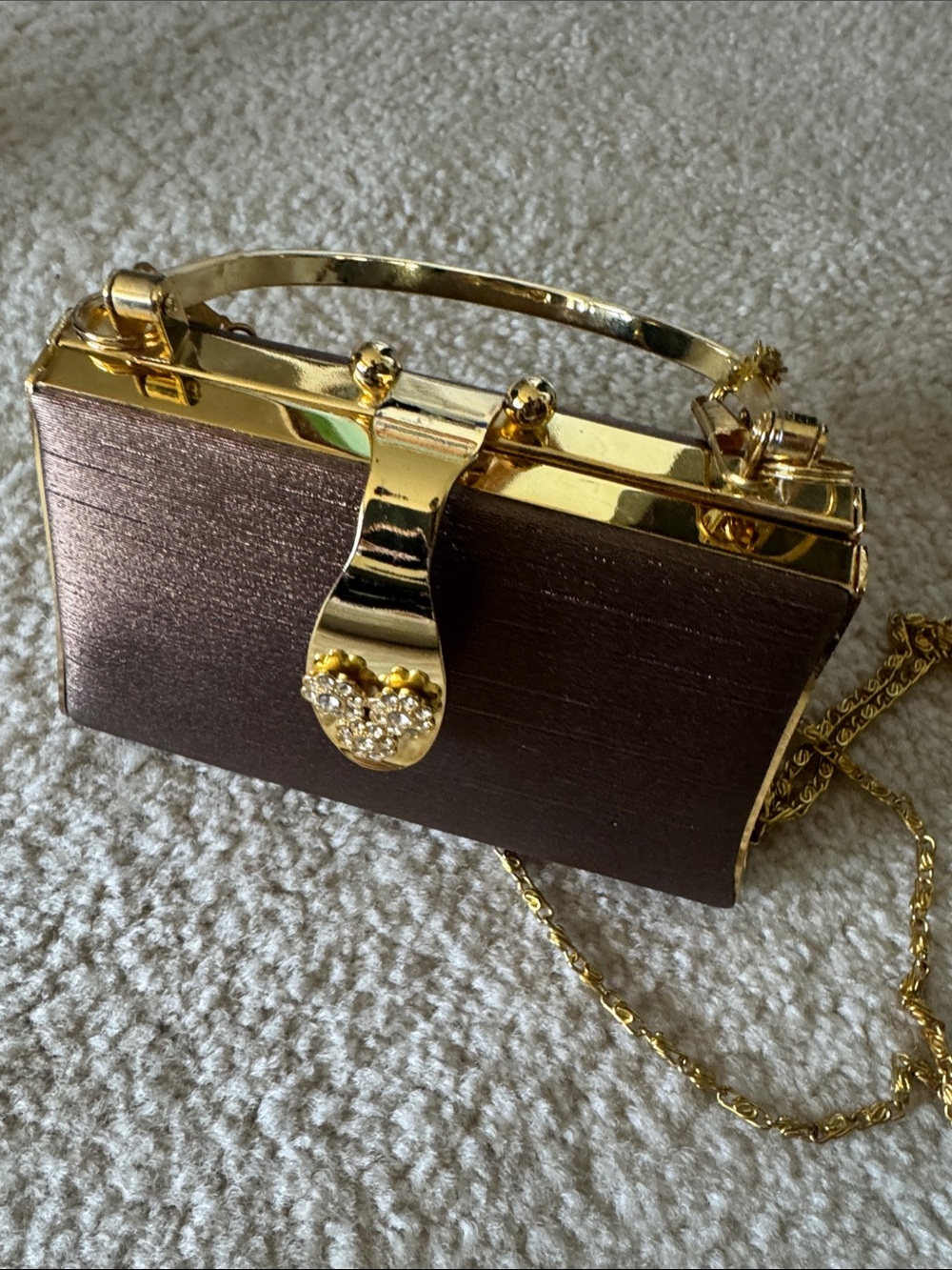Gold-Trim Brown Evening Clutch with Crystal-Accented Clasp